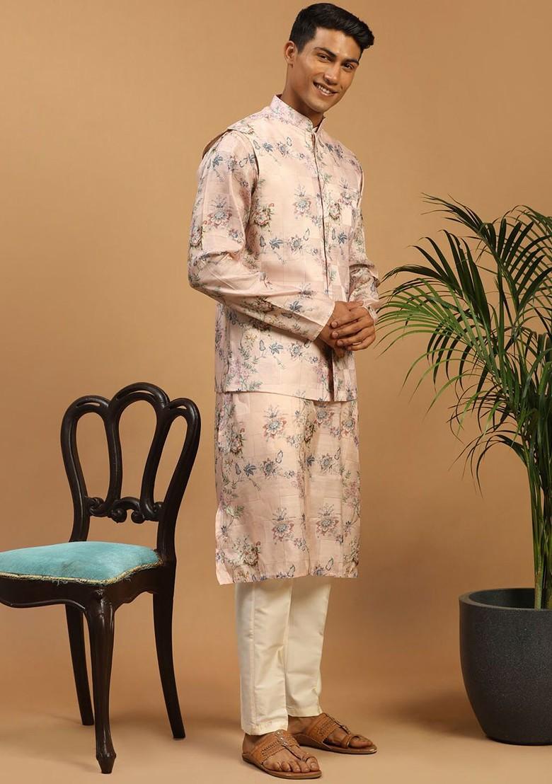 Peach Floral Print Poly Blend Kurta Set For Men
