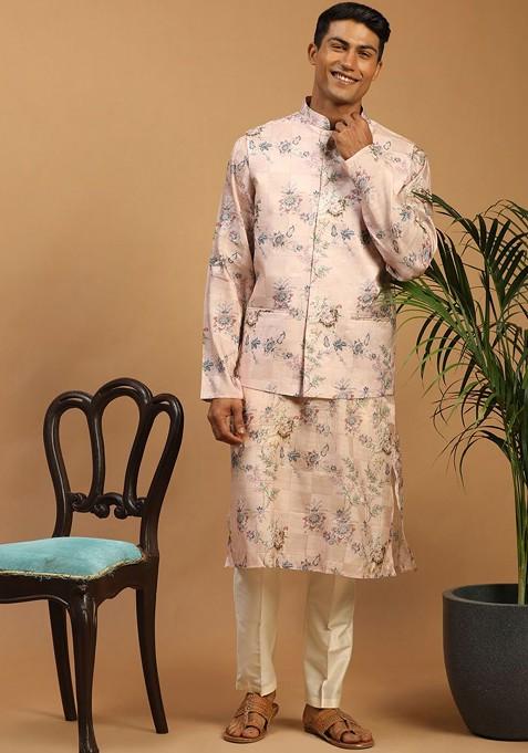 Peach Floral Print Poly Blend Kurta Set For Men
