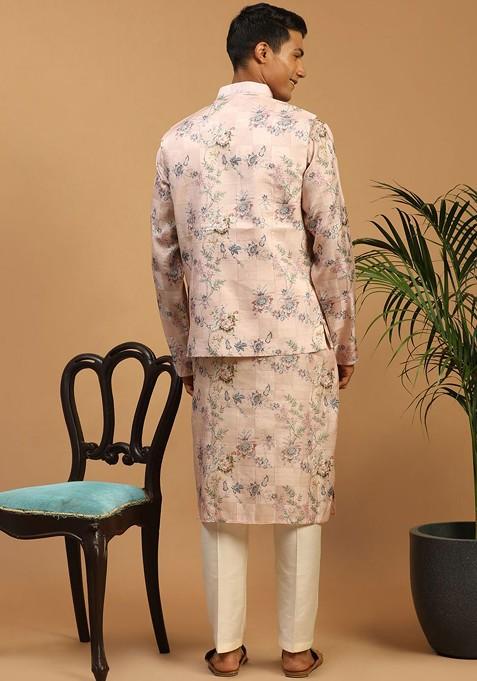 Peach Floral Print Poly Blend Kurta Set For Men