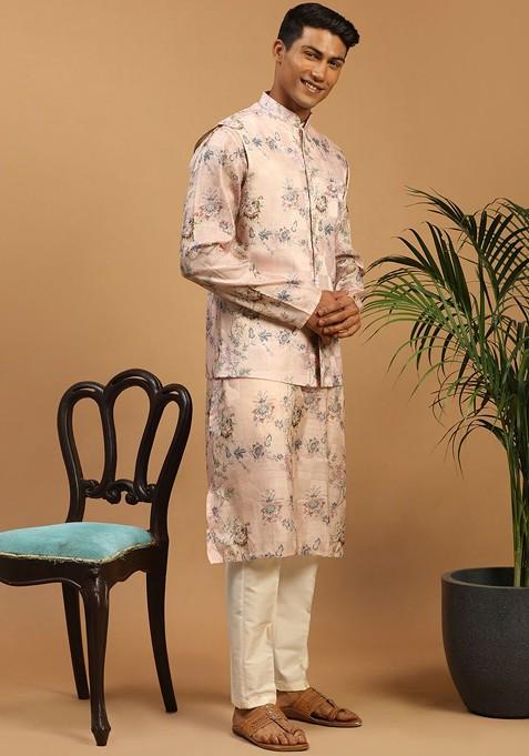 Peach Floral Print Poly Blend Kurta Set For Men