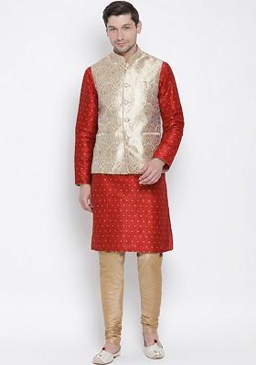 Maroon Solid Poly Blend Kurta Set For Men