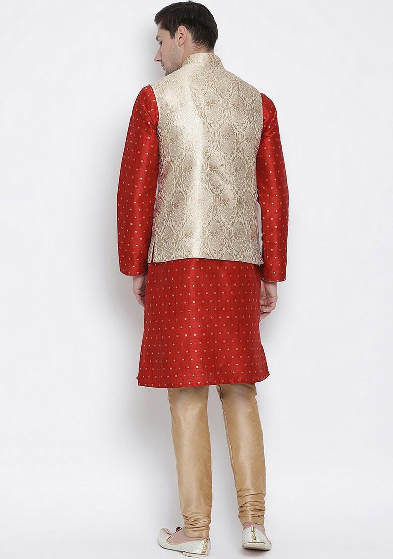 Maroon Solid Poly Blend Kurta Set For Men