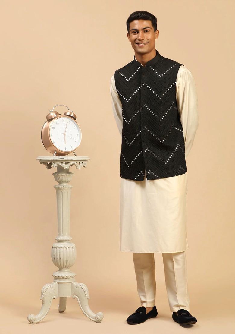 Cream Mirror Work Poly Blend Kurta Set For Men
