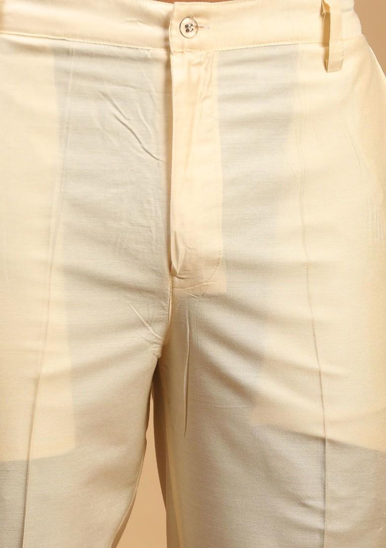 Cream Mirror Work Poly Blend Kurta Set For Men