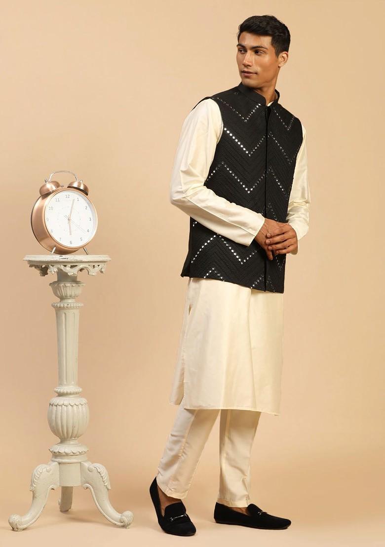 Cream Mirror Work Poly Blend Kurta Set For Men