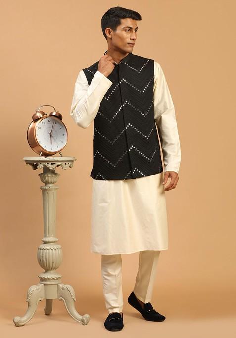 Cream Mirror Work Poly Blend Kurta Set For Men
