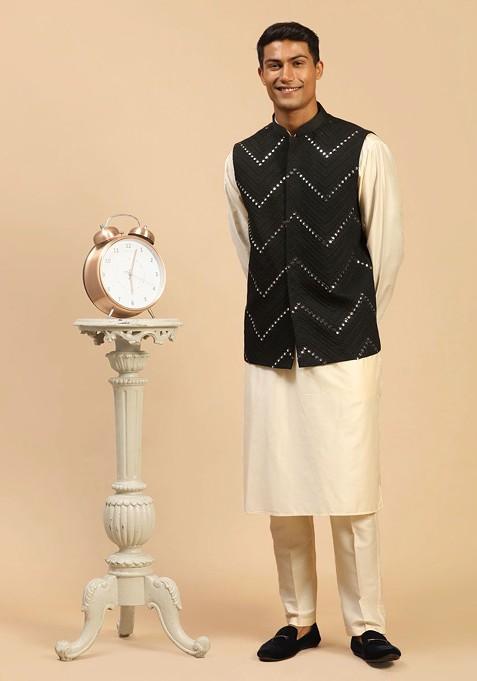 Cream Mirror Work Poly Blend Kurta Set For Men