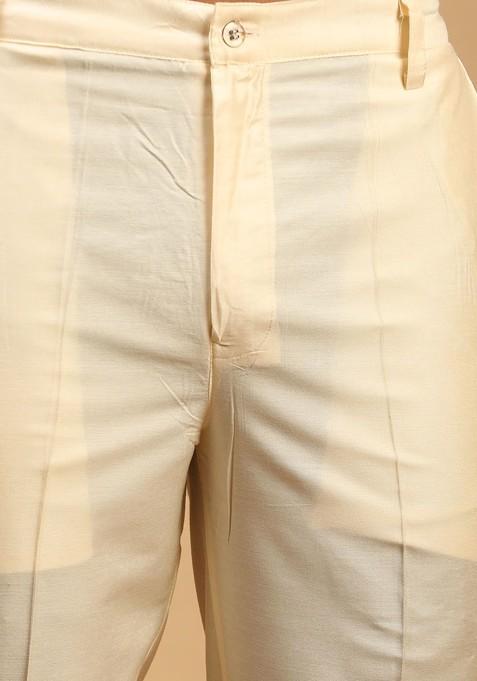 Cream Mirror Work Poly Blend Kurta Set For Men