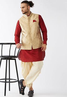 Maroon Solid Poly Blend Kurta Set For Men