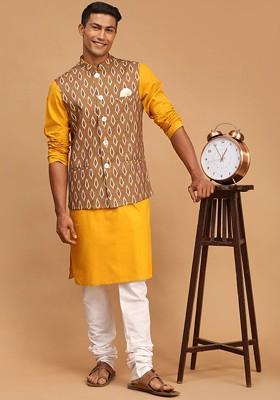 Mustard Printed Poly Blend Kurta Set For Men