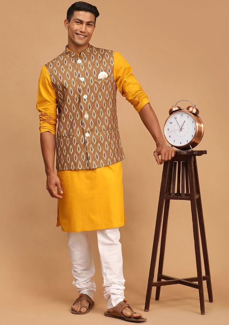 Mustard Printed Poly Blend Kurta Set For Men
