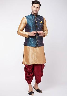 Gold Woven Poly Blend Kurta Set For Men