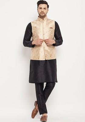 Black Solid Poly Blend Kurta Set For Men