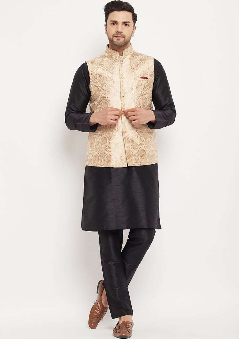 Black Solid Poly Blend Kurta Set For Men - Indya