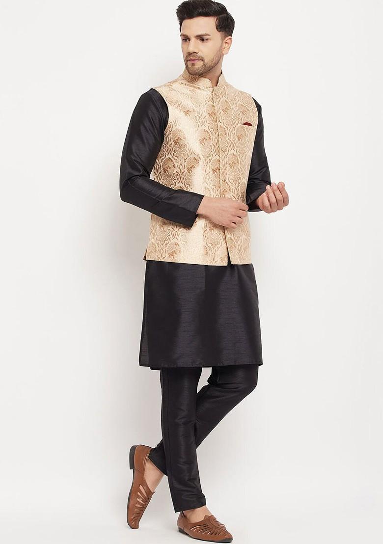 Black Solid Poly Blend Kurta Set For Men