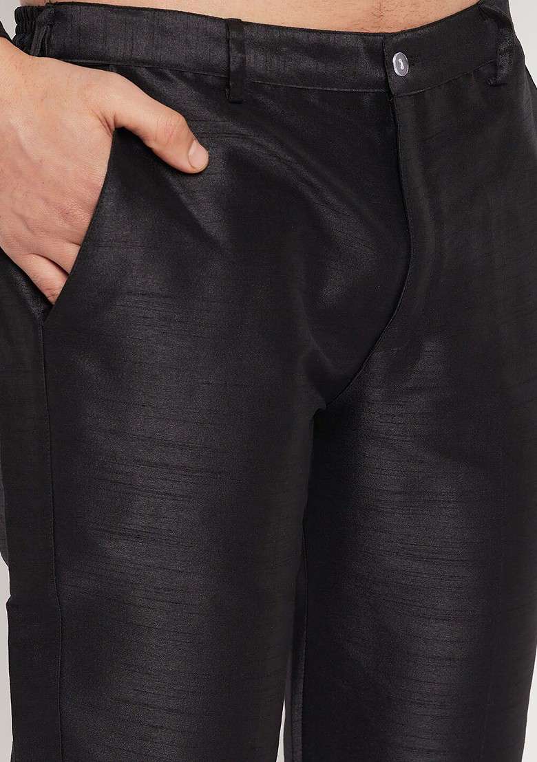 Black Solid Poly Blend Kurta Set For Men - Indya