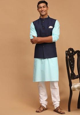 Blue Solid Poly Blend Kurta Set For Men