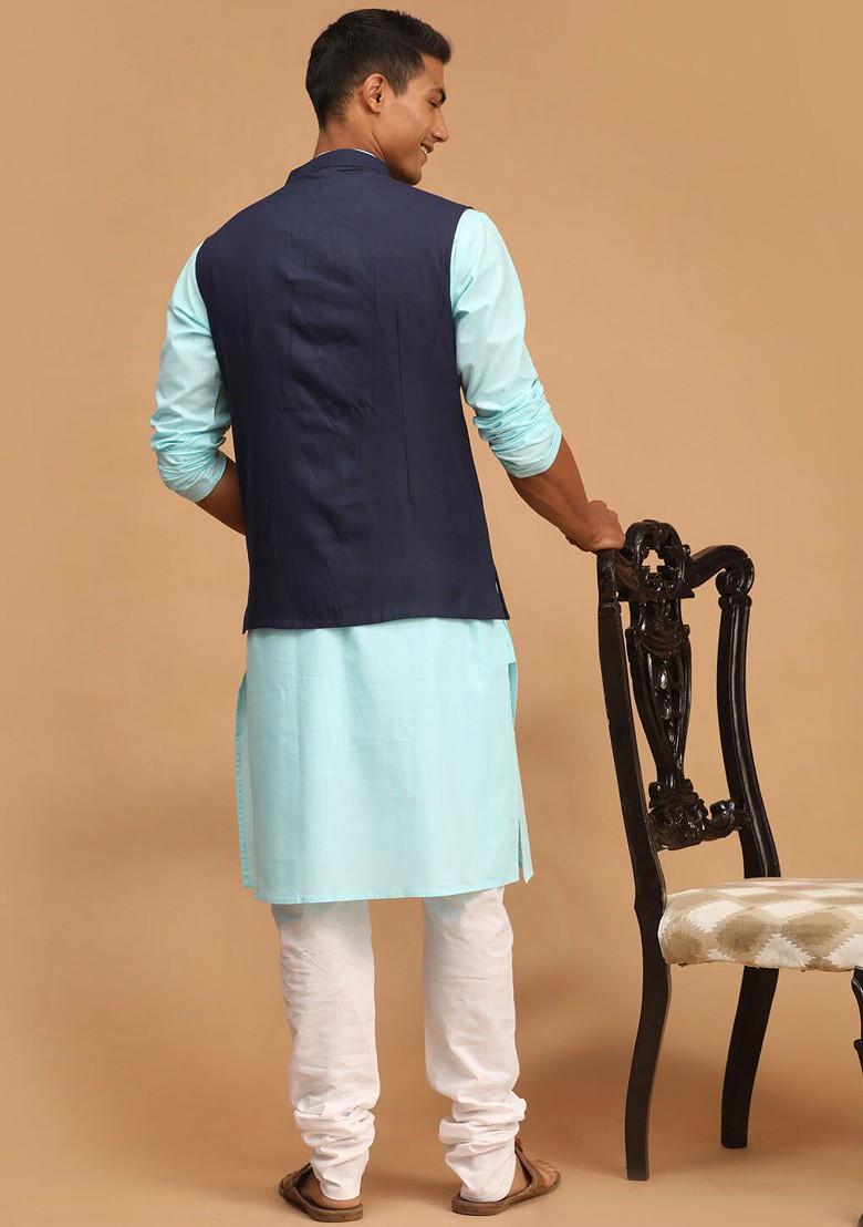 Blue Solid Poly Blend Kurta Set For Men