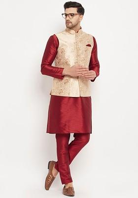 Maroon Solid Poly Blend Kurta Set For Men
