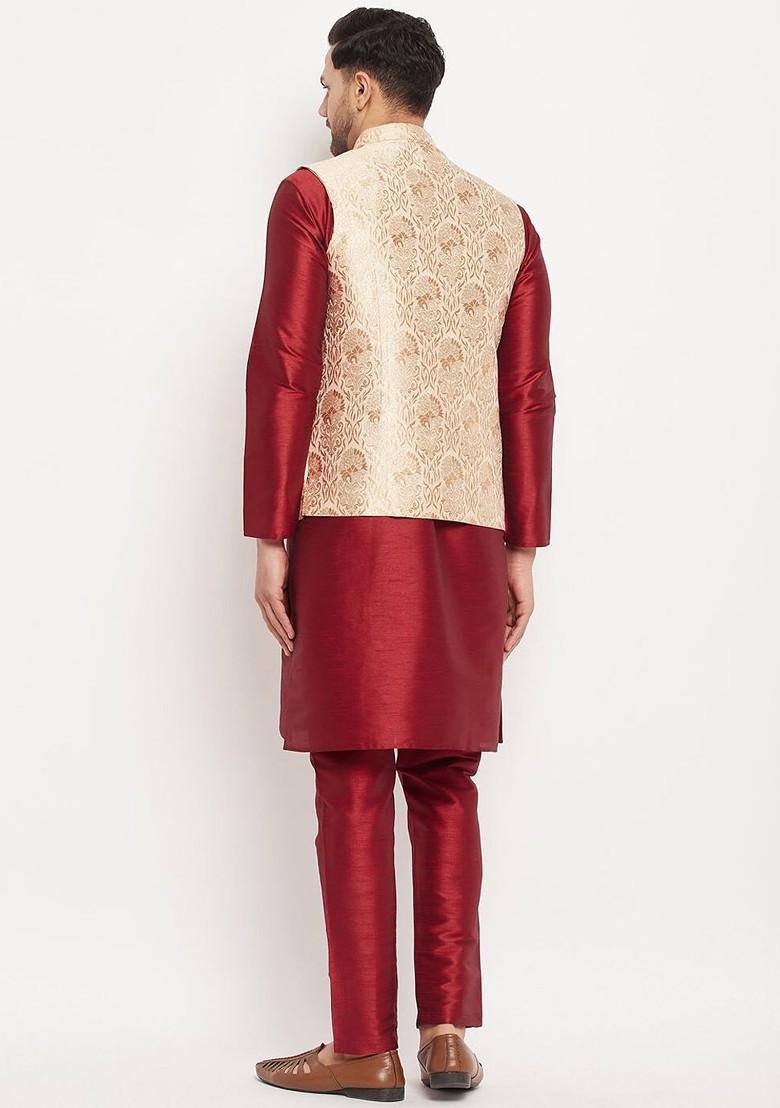 Maroon Solid Poly Blend Kurta Set For Men