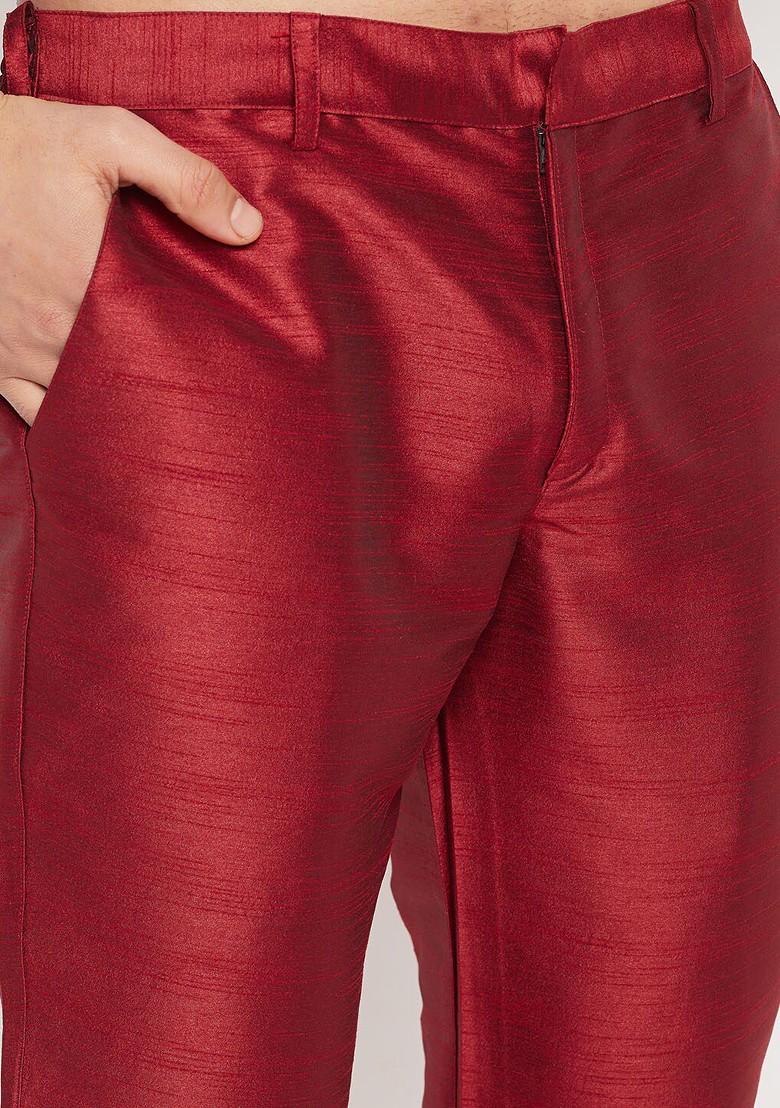 Maroon Solid Poly Blend Kurta Set For Men