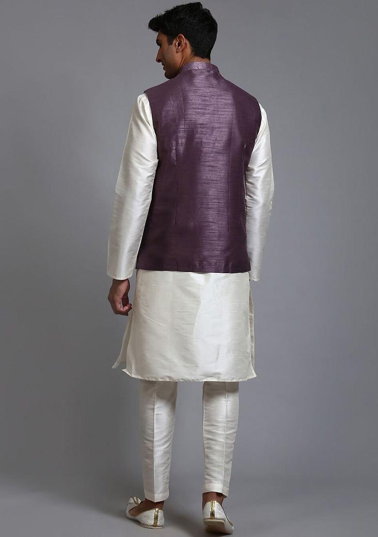 Cream Embellished Poly Blend Kurta Set For Men