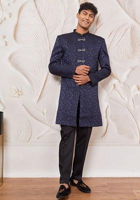 Navy Blue Solid Poly Blend Indowestern Sherwani Set For Men