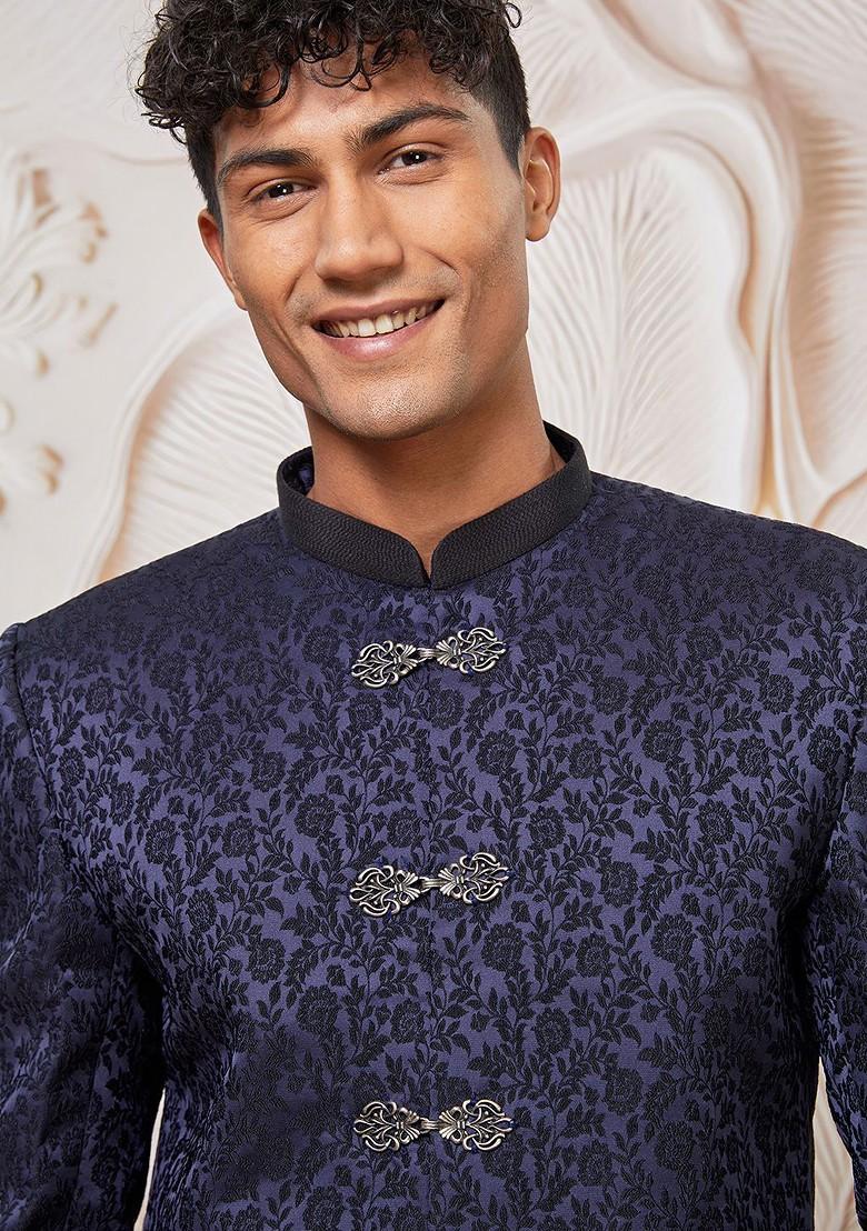 Navy Blue Solid Poly Blend Indowestern Sherwani Set For Men