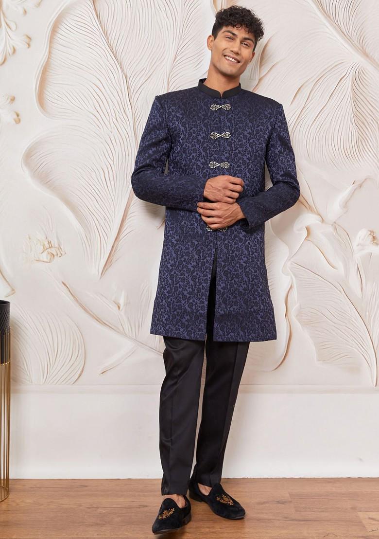 Navy Blue Solid Poly Blend Indowestern Sherwani Set For Men