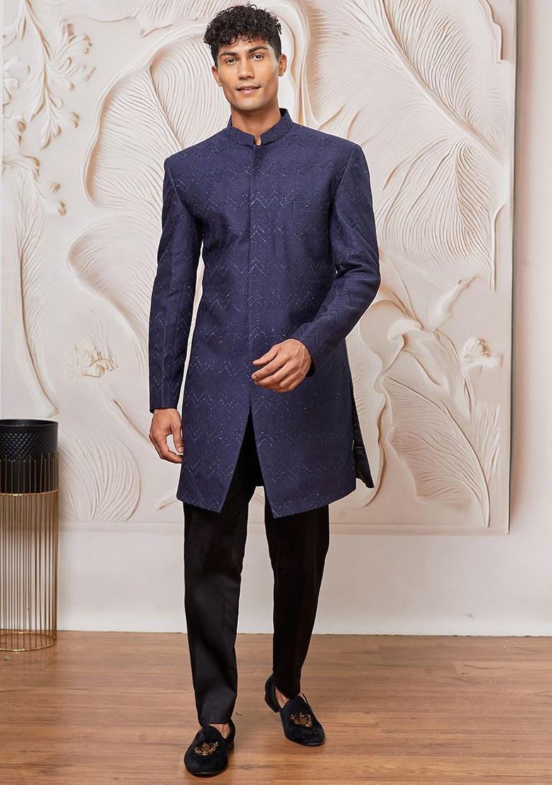 Navy Blue Solid Poly Blend Indowestern Sherwani Set For Men