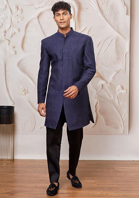 Navy Blue Solid Poly Blend Indowestern Sherwani Set For Men