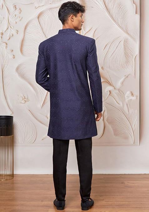 Navy Blue Solid Poly Blend Indowestern Sherwani Set For Men