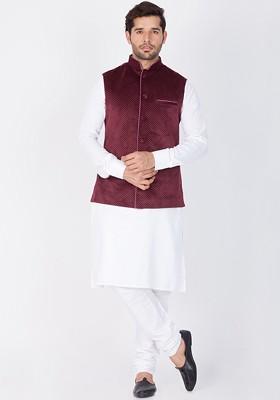 White Printed Poly Blend Kurta Set For Men