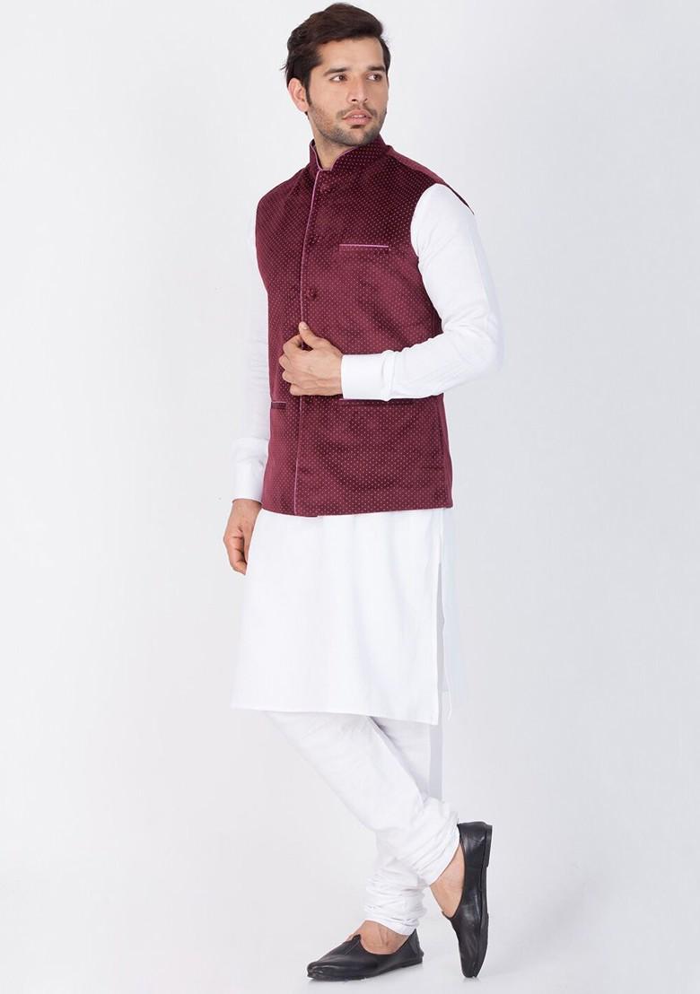 White Printed Poly Blend Kurta Set For Men