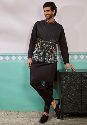 Black Embroidered Silk Kurta Set For Men
