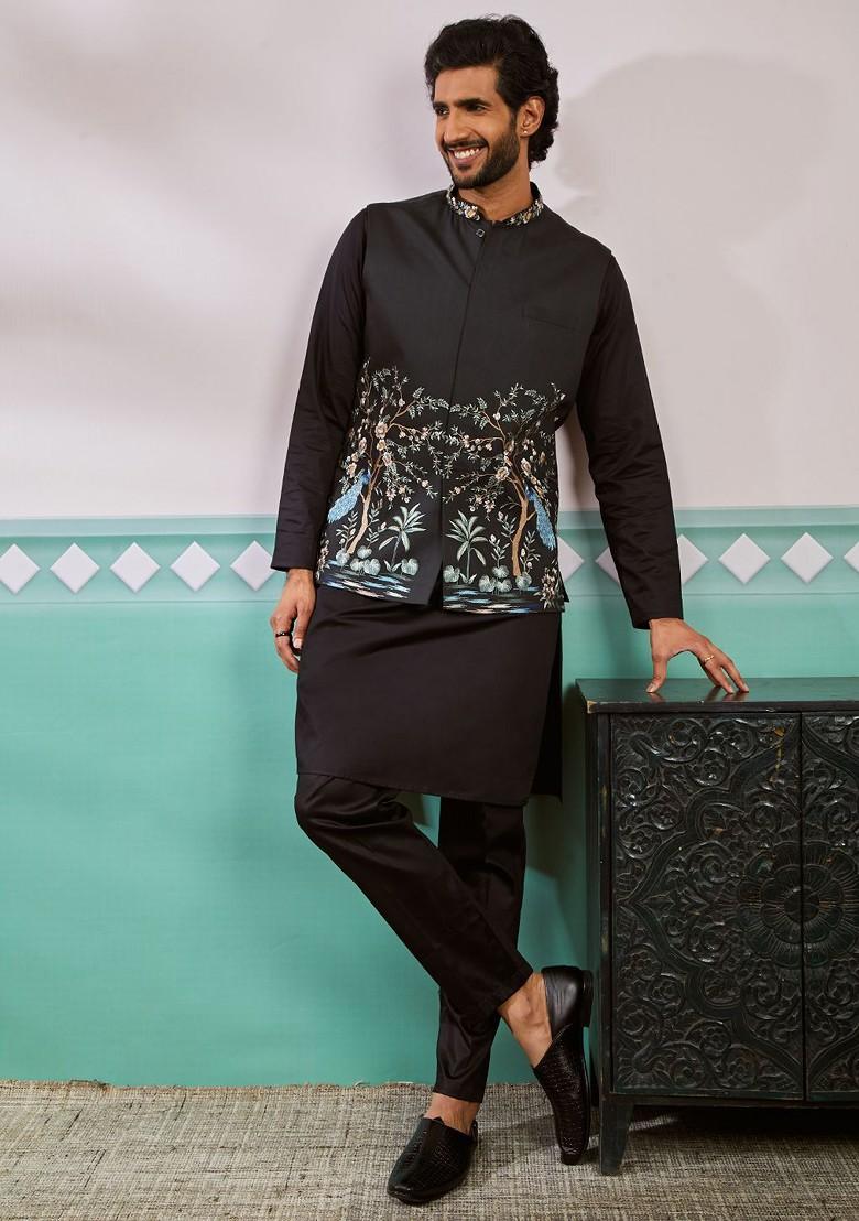 Black Embroidered Silk Kurta Set For Men