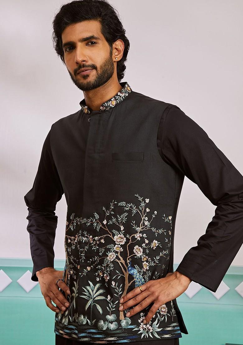Black Embroidered Silk Kurta Set For Men