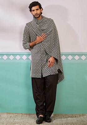 Black Embroidered Poly Blend Indowestern Sherwani Set For Men