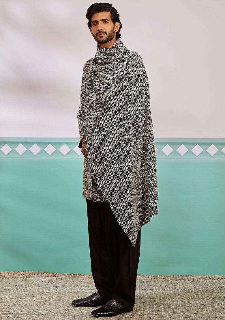 Black Embroidered Poly Blend Indowestern Sherwani Set For Men