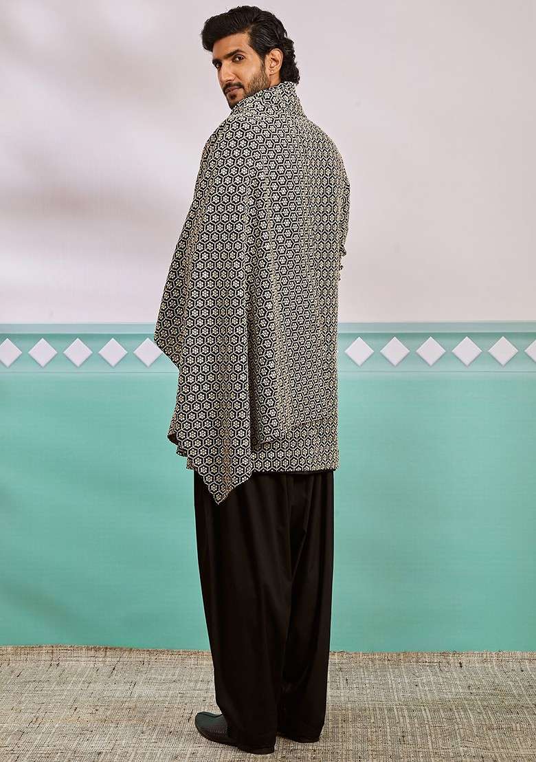 Black Embroidered Poly Blend Indowestern Sherwani Set For Men - Indya