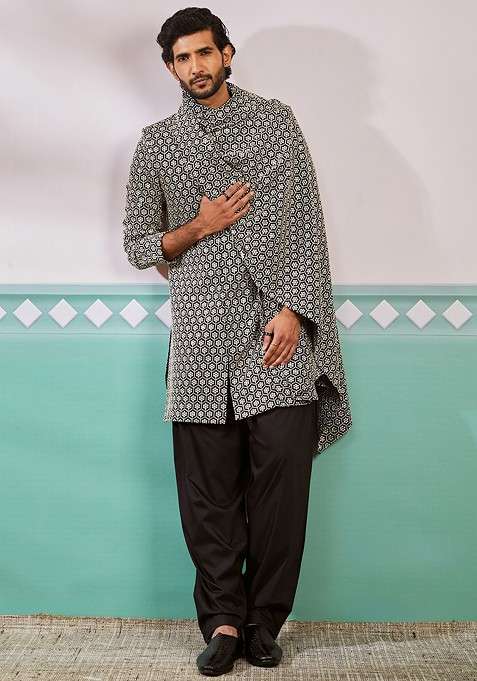 Black Embroidered Poly Blend Indowestern Sherwani Set For Men