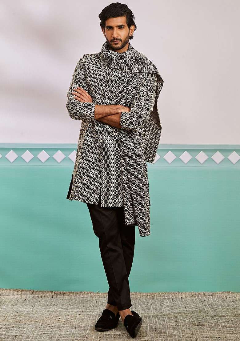 Black Embroidered Poly Blend Indowestern Sherwani Set For Men - Indya