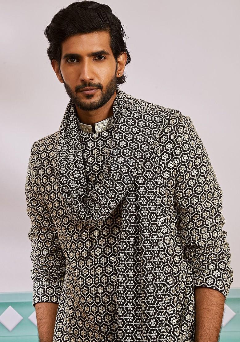 Black Embroidered Poly Blend Indowestern Sherwani Set For Men