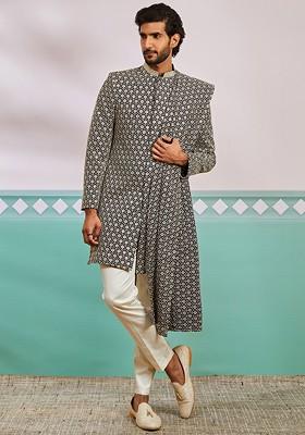 Black Embroidered Poly Blend Indowestern Sherwani Set For Men