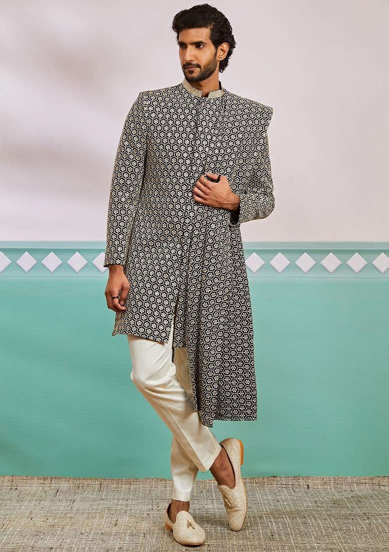 Black Embroidered Poly Blend Indowestern Sherwani Set For Men - Indya
