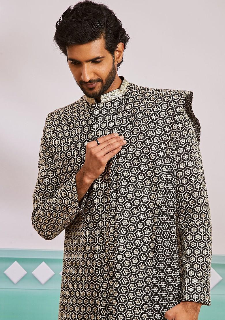 Black Embroidered Poly Blend Indowestern Sherwani Set For Men