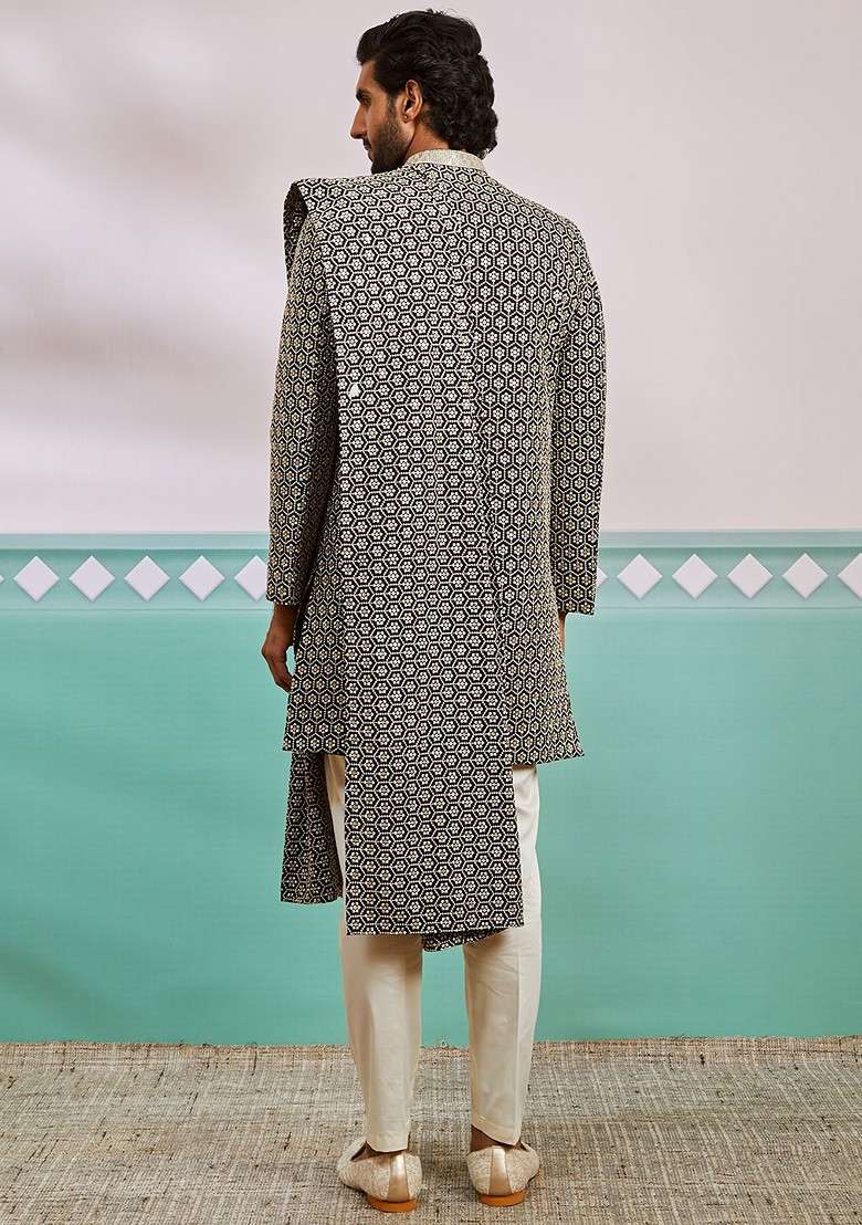 Black Embroidered Poly Blend Indowestern Sherwani Set For Men - Indya