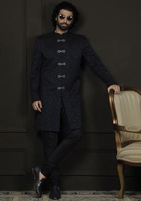 Navy Blue Embroidered Jacquard Indowestern Sherwani Set For Men