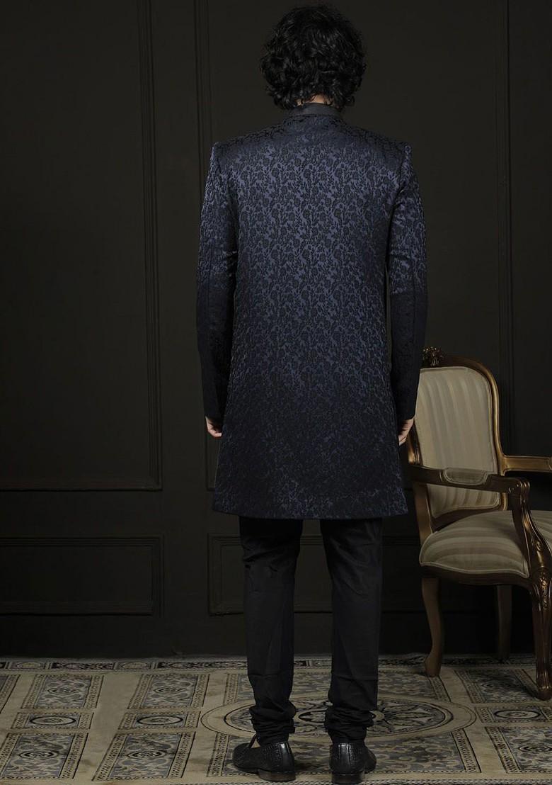 Navy Blue Embroidered Jacquard Indowestern Sherwani Set For Men