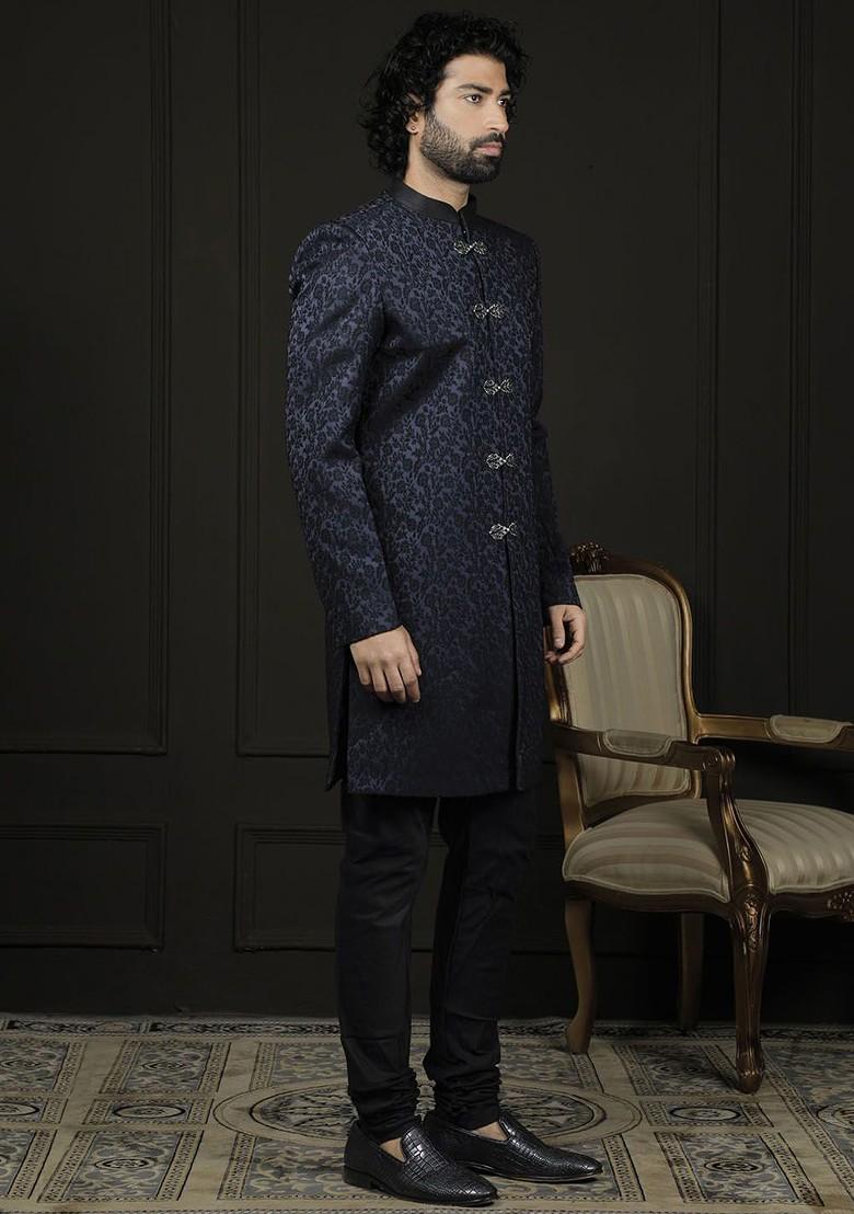 Navy Blue Embroidered Jacquard Indowestern Sherwani Set For Men